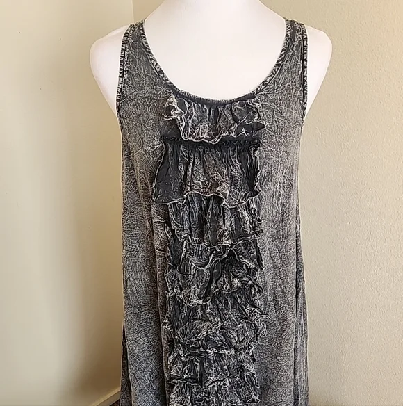 💐Paper Lace Ruffle Front Dress M Layered Crinkle Pockets Lagenlook Boho Hippie - Picture 2 of 16